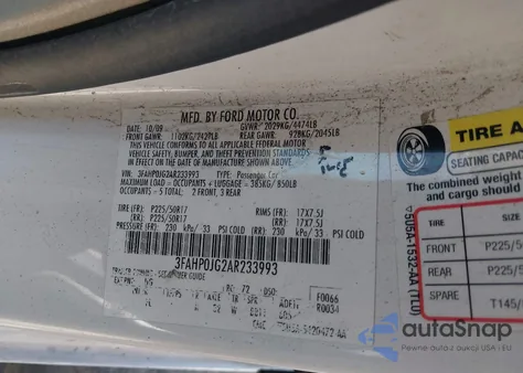 2010 Ford Fusion Sel z USA, uszkodzony, nr VIN 3FAHP0JG2AR233993